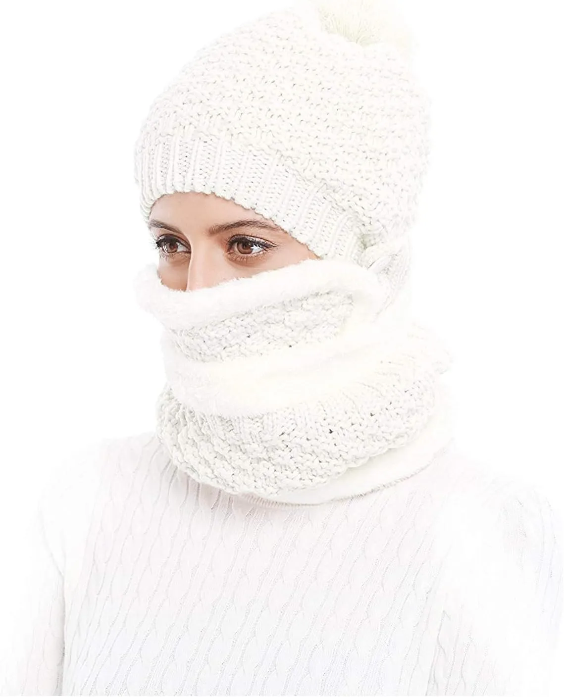 Winter Beanie Hat Scarf and Mask Set for Women, Thick Warm Slouchy Knit Fleece Lined Skull Knit Cap Scarf Mouth Mask 3 Pieces