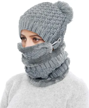 Winter Beanie Hat Scarf and Mask Set for Women, Thick Warm Slouchy Knit Fleece Lined Skull Knit Cap Scarf Mouth Mask 3 Pieces