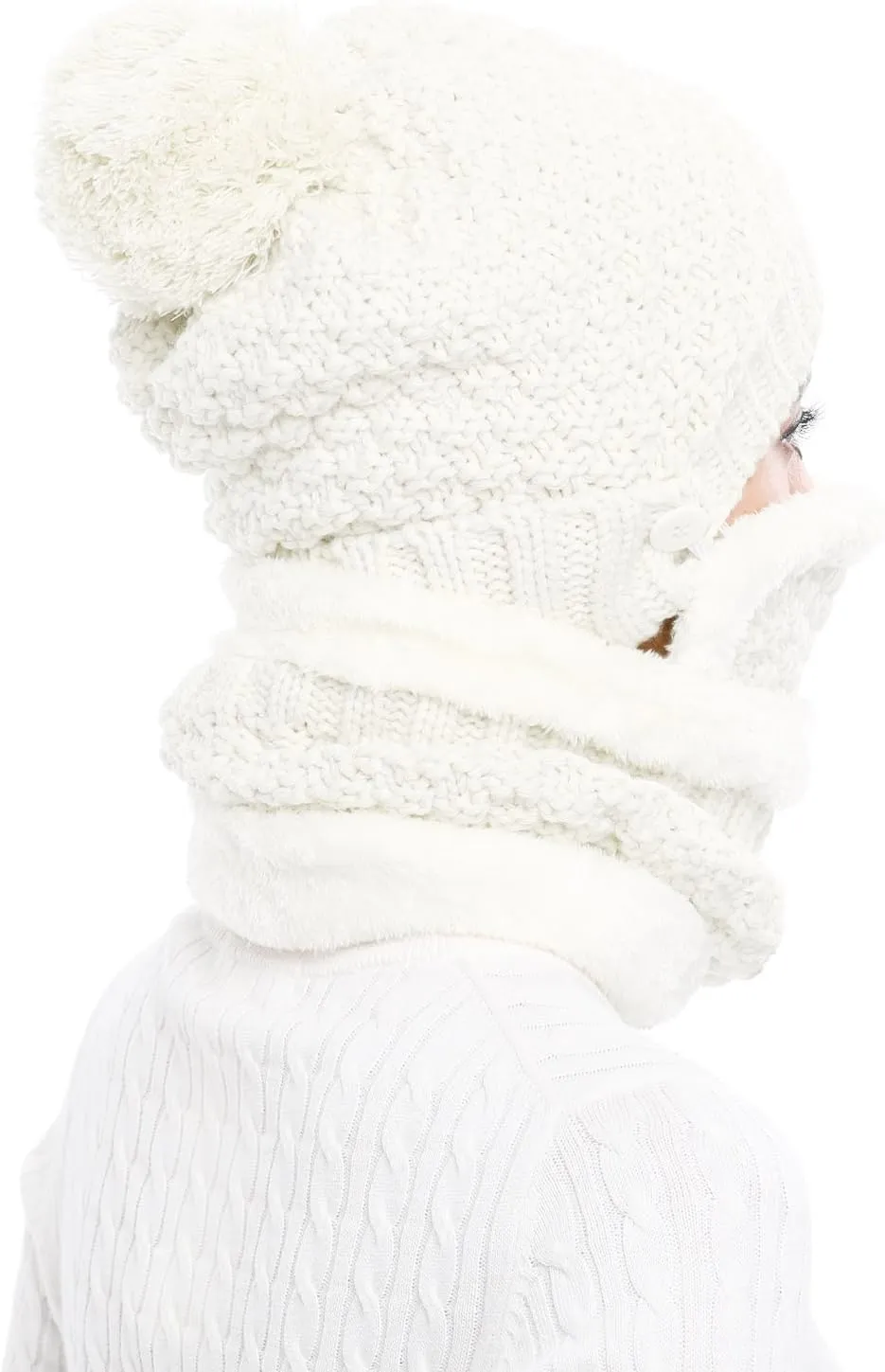 Winter Beanie Hat Scarf and Mask Set for Women, Thick Warm Slouchy Knit Fleece Lined Skull Knit Cap Scarf Mouth Mask 3 Pieces