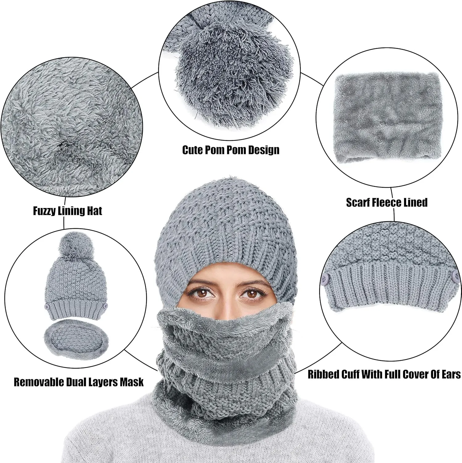 Winter Beanie Hat Scarf and Mask Set for Women, Thick Warm Slouchy Knit Fleece Lined Skull Knit Cap Scarf Mouth Mask 3 Pieces