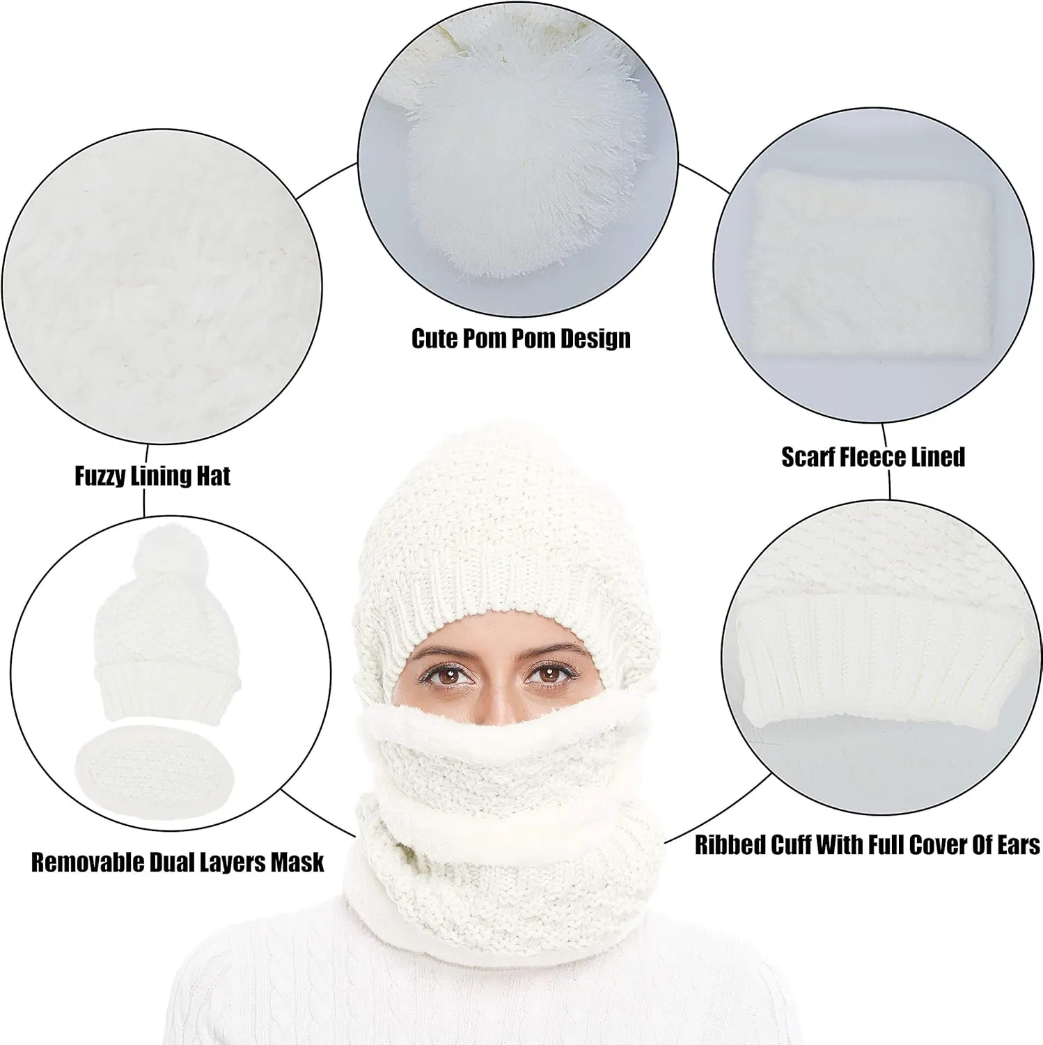 Winter Beanie Hat Scarf and Mask Set for Women, Thick Warm Slouchy Knit Fleece Lined Skull Knit Cap Scarf Mouth Mask 3 Pieces