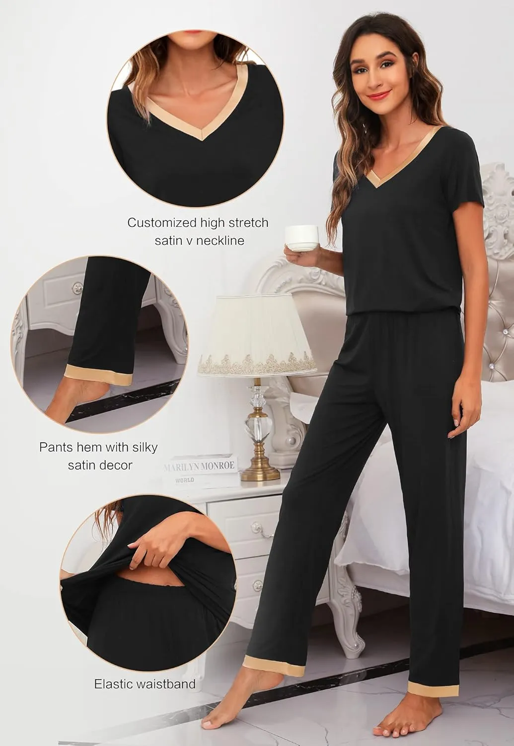 WiWi Viscose from Bamboo Womens Pajamas Set Soft V Neck Sleepwear Short Sleeve Top with Pant Lightweight S-3X