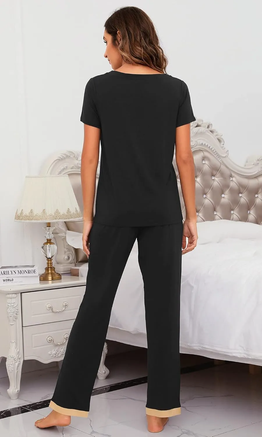 WiWi Viscose from Bamboo Womens Pajamas Set Soft V Neck Sleepwear Short Sleeve Top with Pant Lightweight S-3X