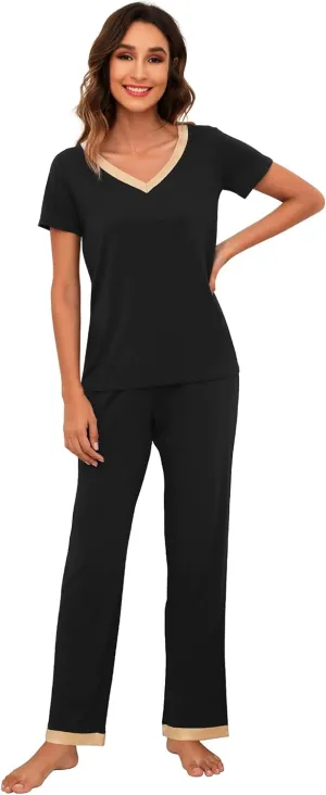 WiWi Viscose from Bamboo Womens Pajamas Set Soft V Neck Sleepwear Short Sleeve Top with Pant Lightweight S-3X