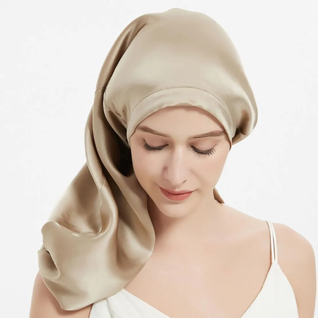 Women Long Satin Bonne Silk Sleeping Cap Wide Elastic Band Night Braids Curly Hair Natural Soft Comfortable Stretchy