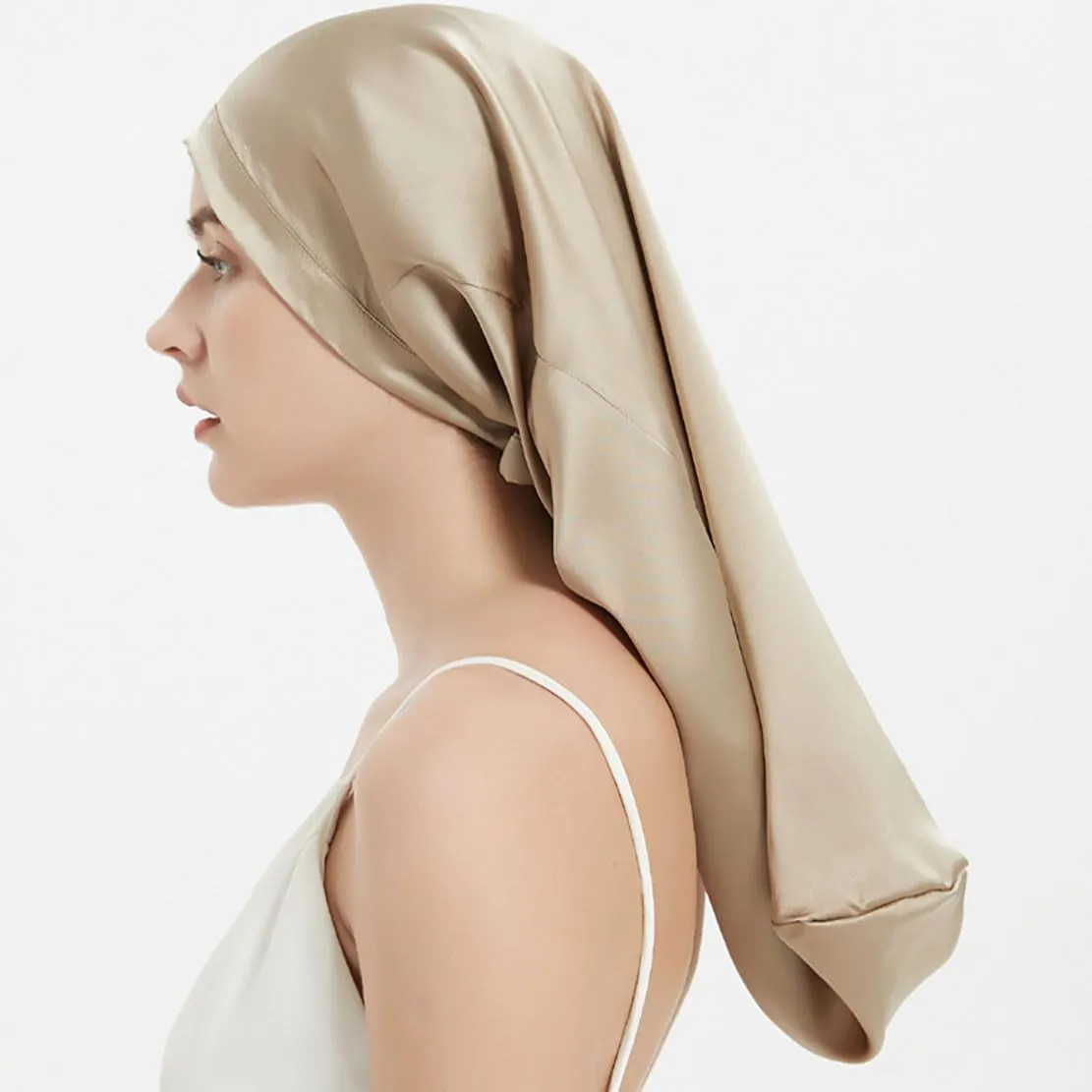 Women Long Satin Bonne Silk Sleeping Cap Wide Elastic Band Night Braids Curly Hair Natural Soft Comfortable Stretchy