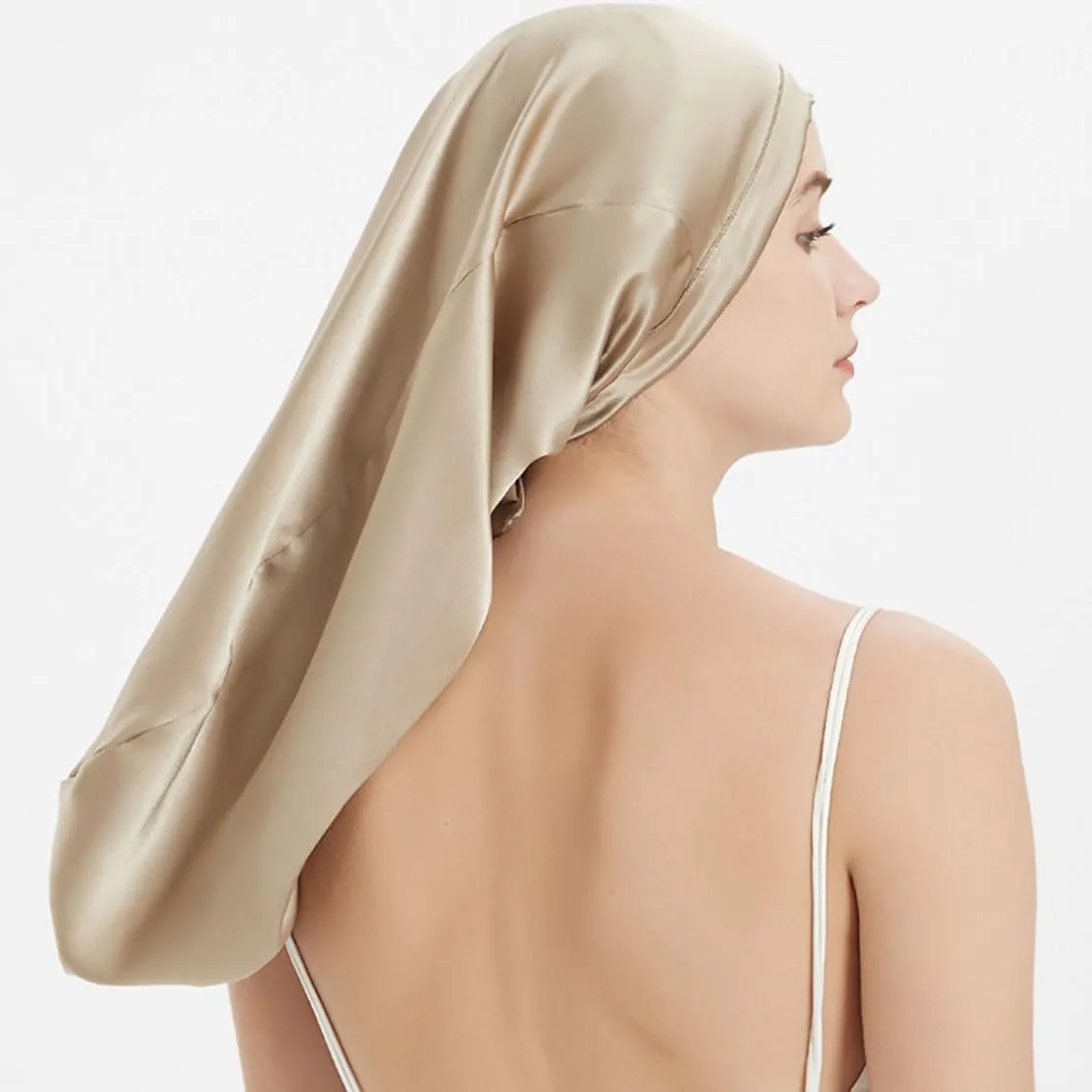 Women Long Satin Bonne Silk Sleeping Cap Wide Elastic Band Night Braids Curly Hair Natural Soft Comfortable Stretchy