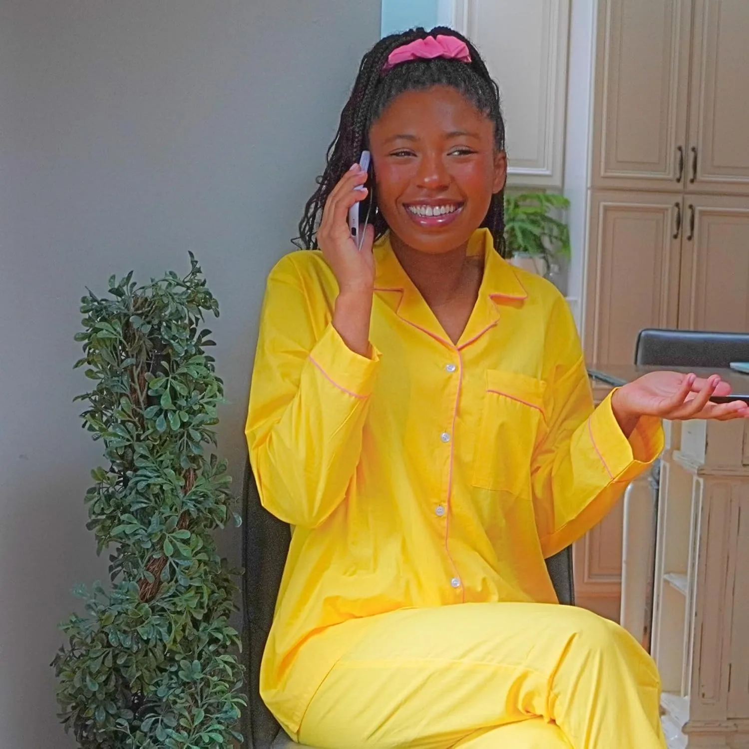 Women's 100% Cotton Pajama Set - Super Soft Long Sleeve Sleepwear with Matching Storage Bag and Cute Contrast Hair Tie - Cozy, Breathable, Lightweight Loungewear (Yellow and Pink, Small)
