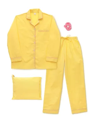 Women's 100% Cotton Pajama Set - Super Soft Long Sleeve Sleepwear with Matching Storage Bag and Cute Contrast Hair Tie - Cozy, Breathable, Lightweight Loungewear (Yellow and Pink, Small)