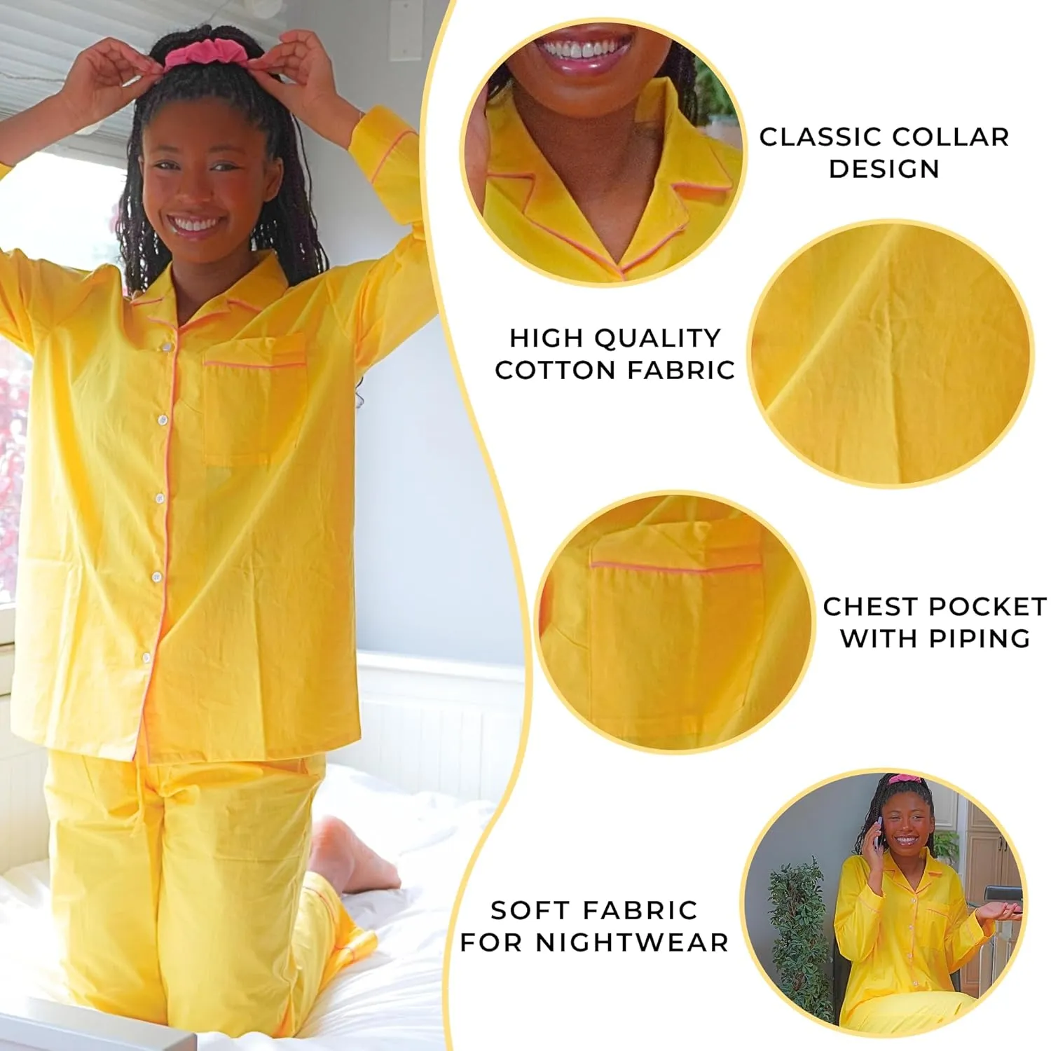 Women's 100% Cotton Pajama Set - Super Soft Long Sleeve Sleepwear with Matching Storage Bag and Cute Contrast Hair Tie - Cozy, Breathable, Lightweight Loungewear (Yellow and Pink, Small)