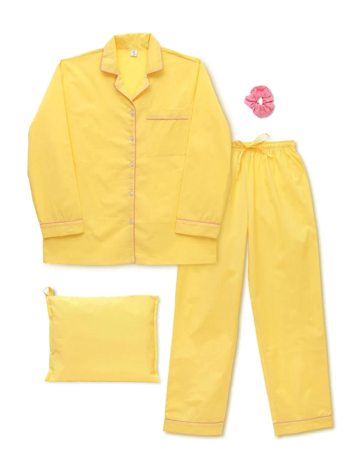 Women's 100% Cotton Pajama Set - Super Soft Long Sleeve Sleepwear with Matching Storage Bag and Cute Contrast Hair Tie - Cozy, Breathable, Lightweight Loungewear (Yellow and Pink, Small)