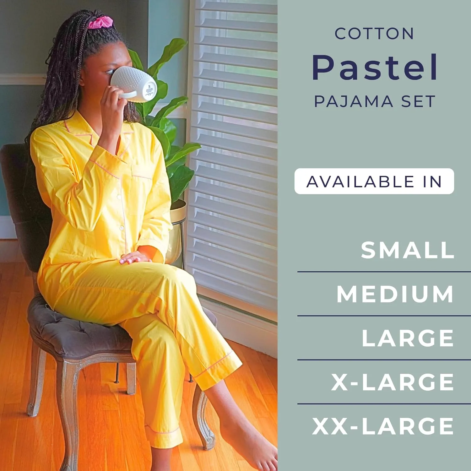Women's 100% Cotton Pajama Set - Super Soft Long Sleeve Sleepwear with Matching Storage Bag and Cute Contrast Hair Tie - Cozy, Breathable, Lightweight Loungewear (Yellow and Pink, Small)
