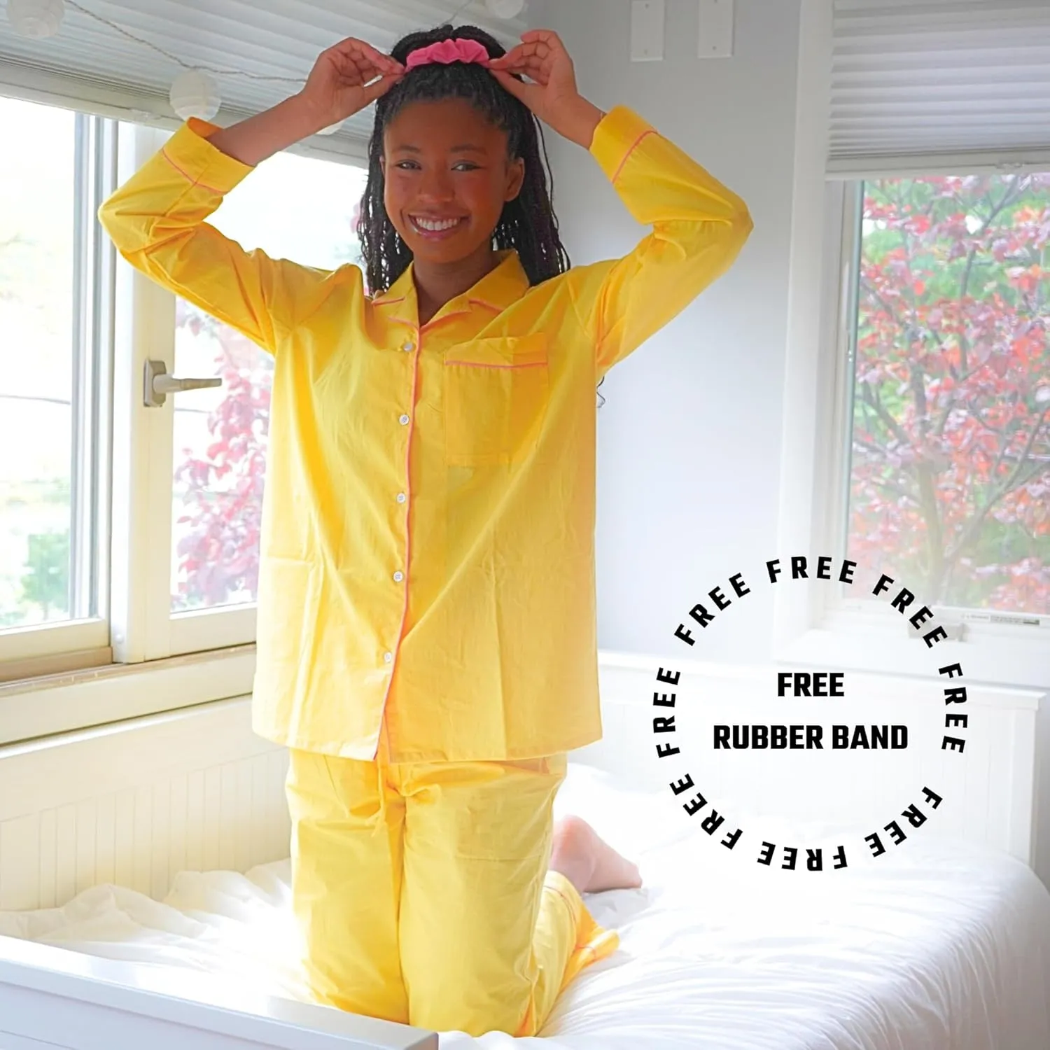 Women's 100% Cotton Pajama Set - Super Soft Long Sleeve Sleepwear with Matching Storage Bag and Cute Contrast Hair Tie - Cozy, Breathable, Lightweight Loungewear (Yellow and Pink, Small)