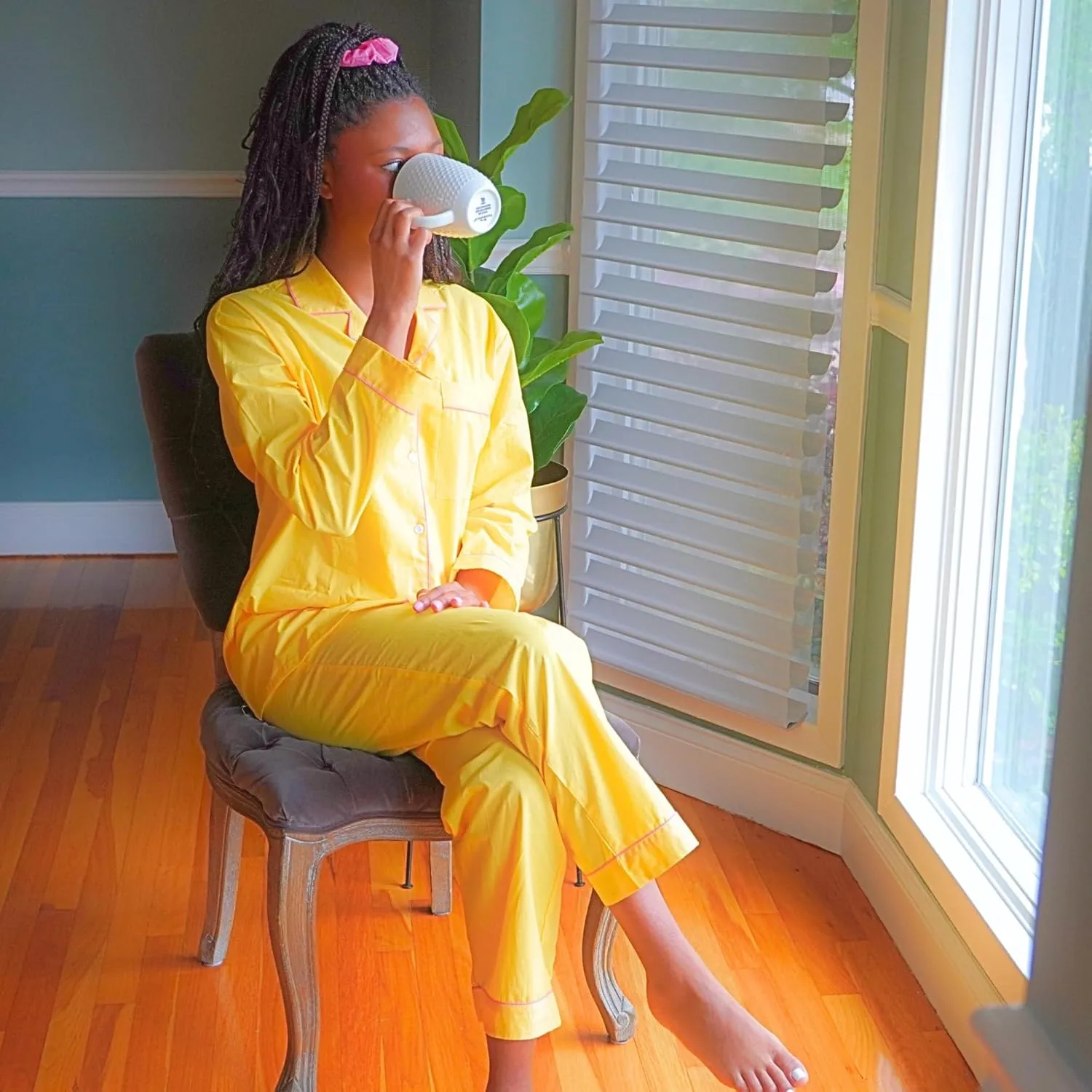 Women's 100% Cotton Pajama Set - Super Soft Long Sleeve Sleepwear with Matching Storage Bag and Cute Contrast Hair Tie - Cozy, Breathable, Lightweight Loungewear (Yellow and Pink, Small)
