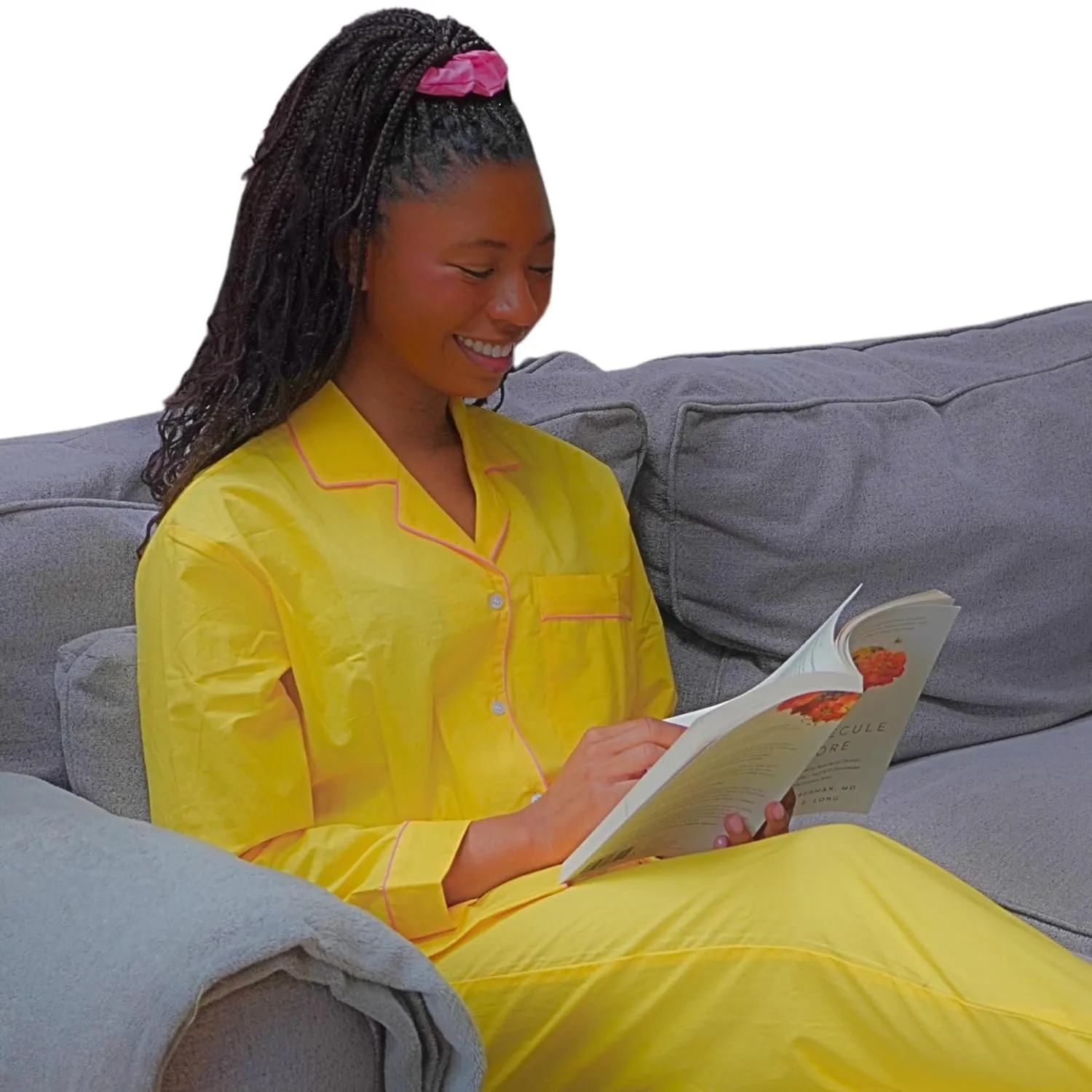 Women's 100% Cotton Pajama Set - Super Soft Long Sleeve Sleepwear with Matching Storage Bag and Cute Contrast Hair Tie - Cozy, Breathable, Lightweight Loungewear (Yellow and Pink, Small)