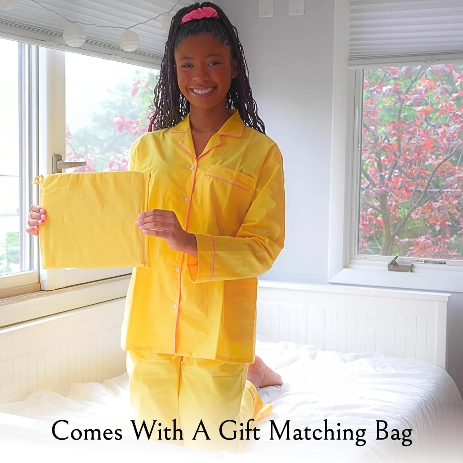 Women's 100% Cotton Pajama Set - Super Soft Long Sleeve Sleepwear with Matching Storage Bag and Cute Contrast Hair Tie - Cozy, Breathable, Lightweight Loungewear (Yellow and Pink, Small)