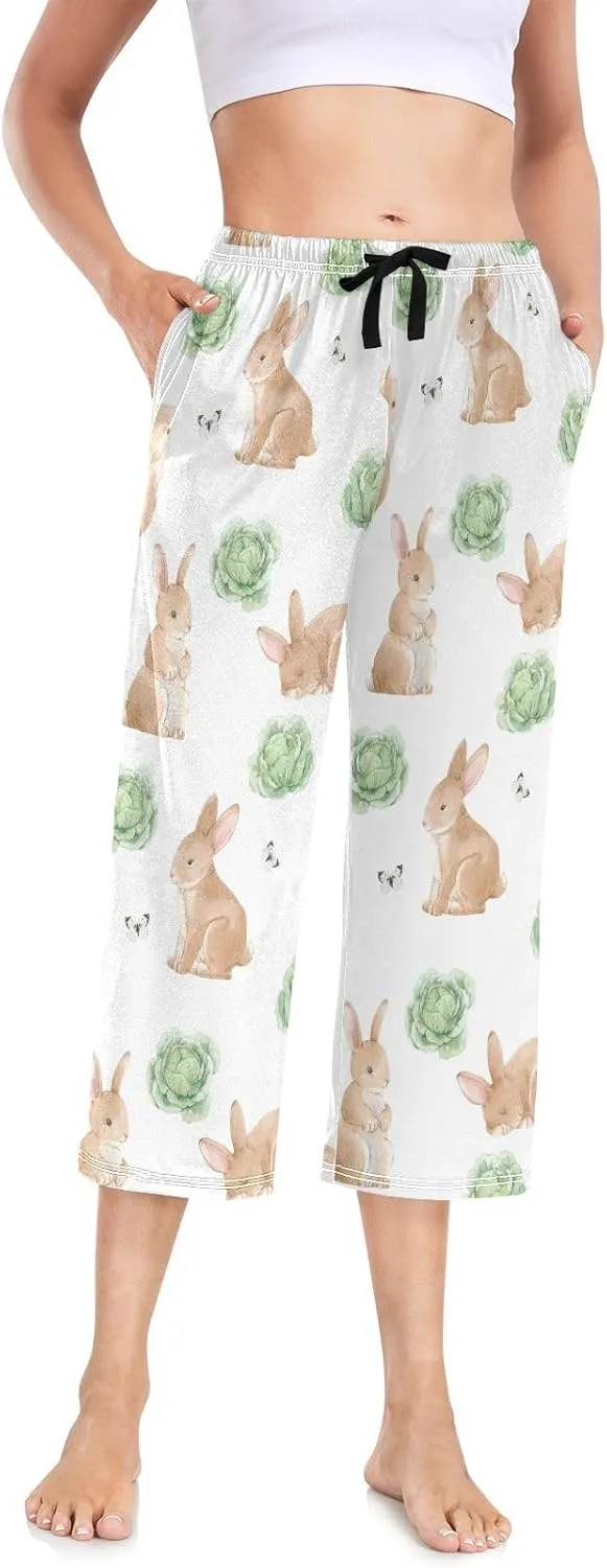Women's Capri Pajama Pants Easter Rabbits Cabbage Sleepwear Sleep Lounge Bottoms with Pockets S-XXL
