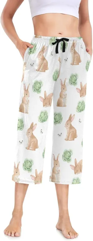 Women's Capri Pajama Pants Easter Rabbits Cabbage Sleepwear Sleep Lounge Bottoms with Pockets S-XXL