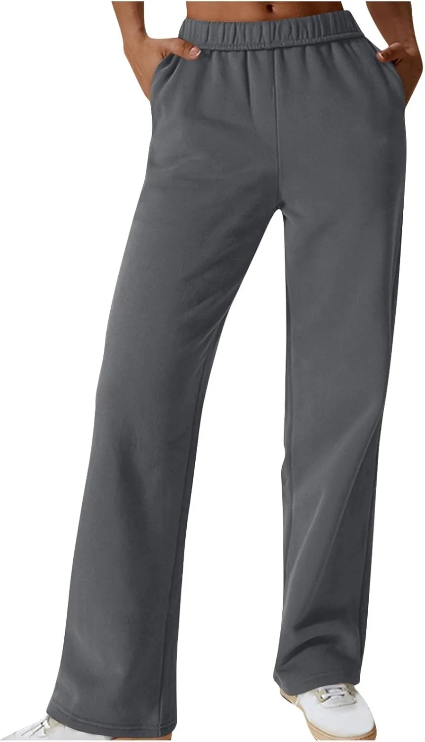 Womens Casual Fall Fleece Sweatpants Trendy Straight Leg Elastic Waist Jogger Pants Workout Athletic Pant Trousers