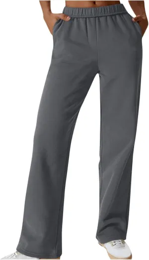 Womens Casual Fall Fleece Sweatpants Trendy Straight Leg Elastic Waist Jogger Pants Workout Athletic Pant Trousers