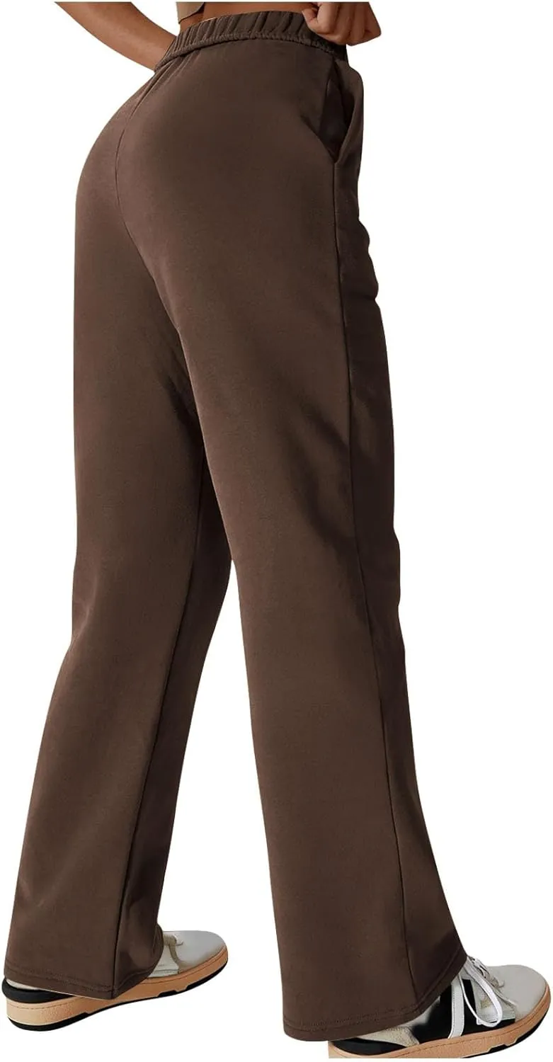 Womens Casual Fall Fleece Sweatpants Trendy Straight Leg Elastic Waist Jogger Pants Workout Athletic Pant Trousers