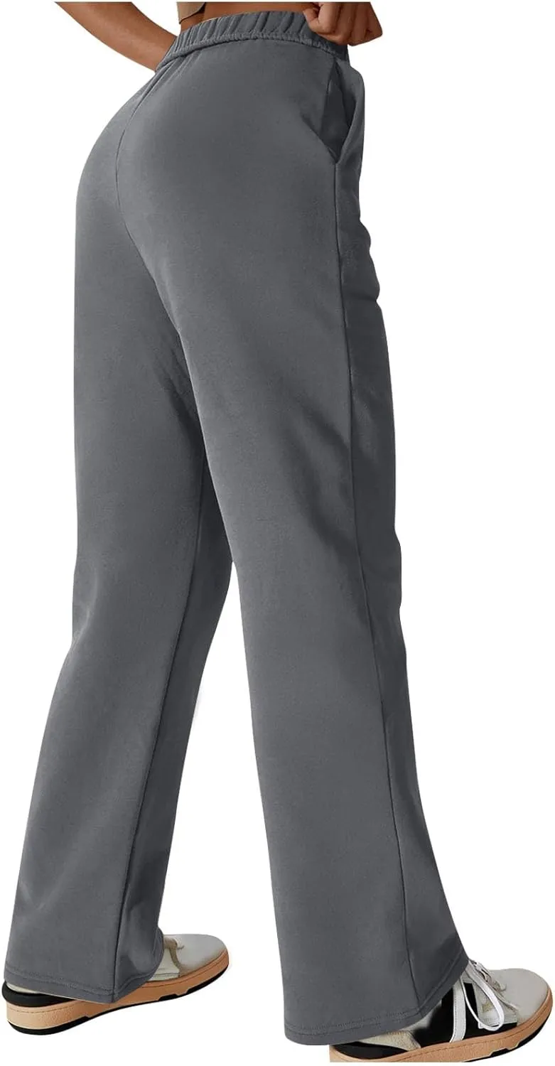 Womens Casual Fall Fleece Sweatpants Trendy Straight Leg Elastic Waist Jogger Pants Workout Athletic Pant Trousers