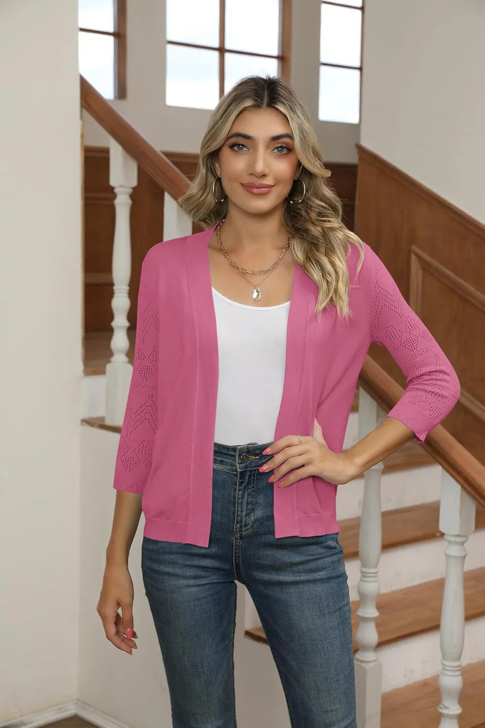 Women's Cropped Cardigans Shrugs for Dresses 3/4 Sleeve Lightweight Hollow Out Crochet Knit Sweater Tops