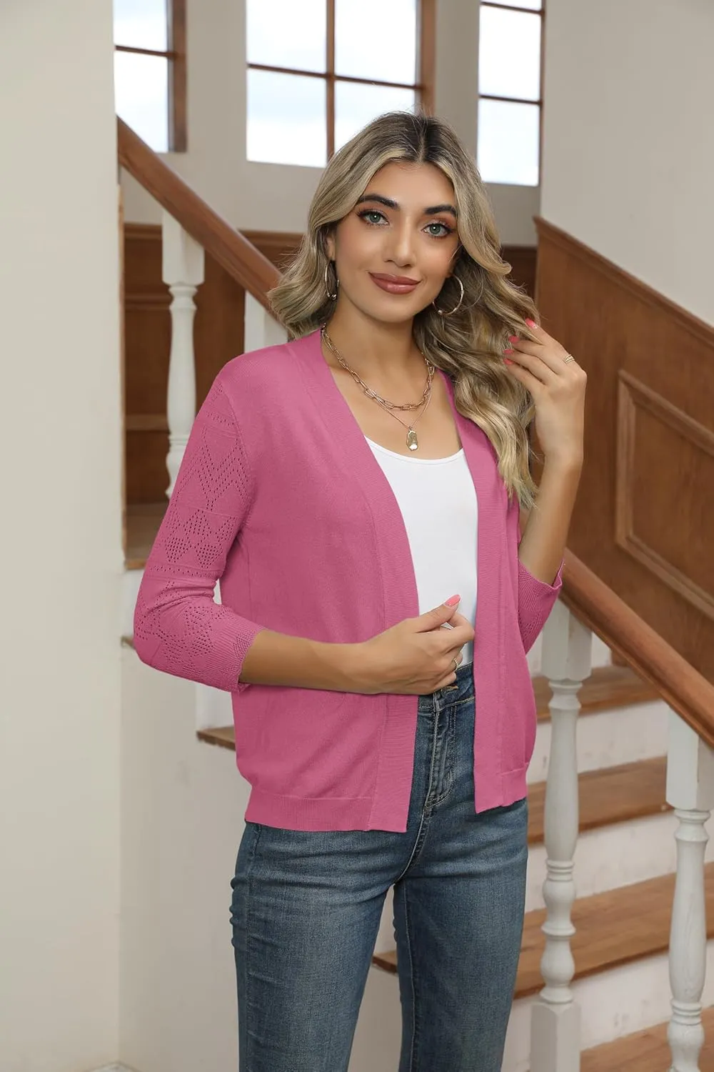 Women's Cropped Cardigans Shrugs for Dresses 3/4 Sleeve Lightweight Hollow Out Crochet Knit Sweater Tops