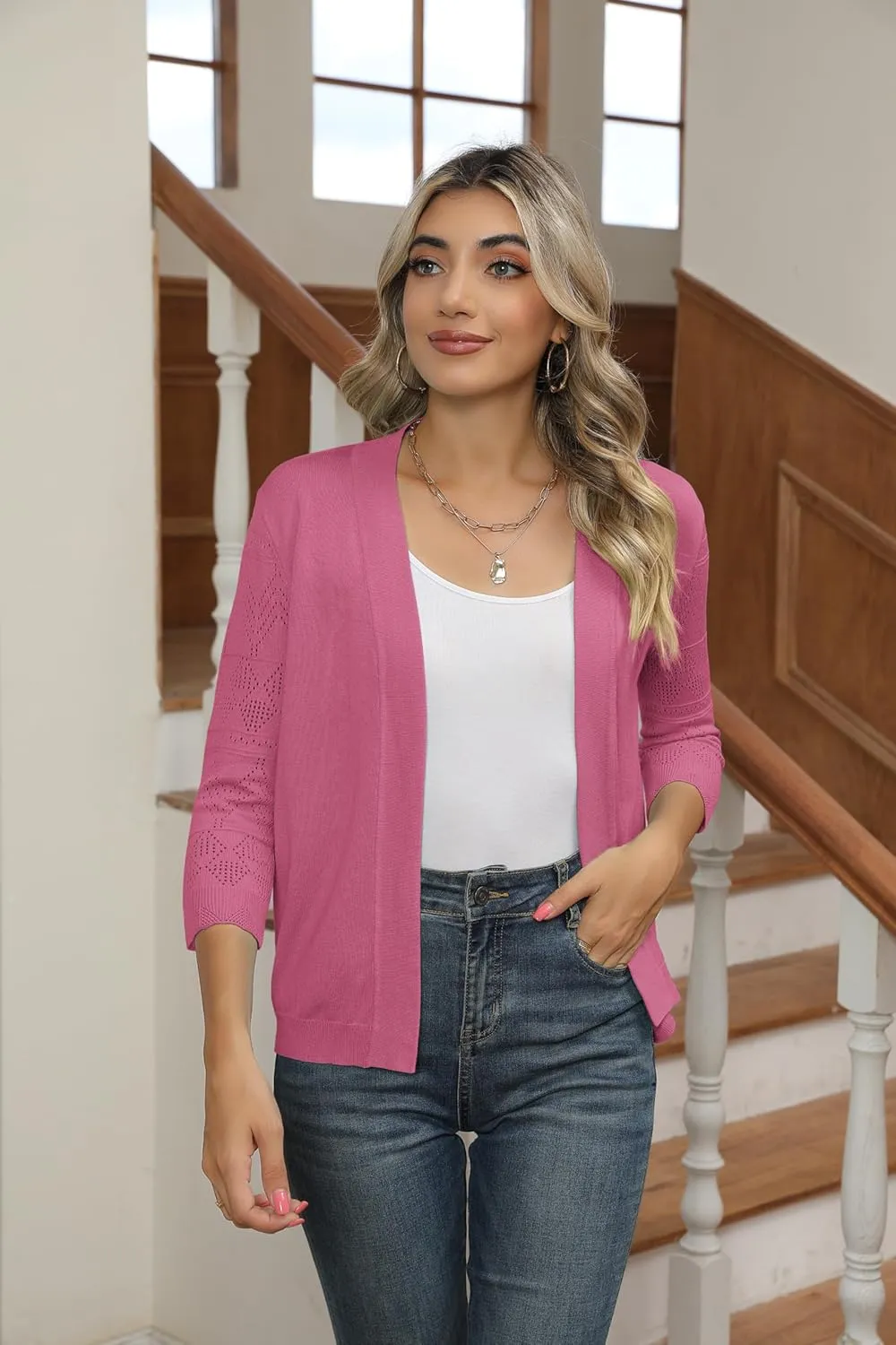 Women's Cropped Cardigans Shrugs for Dresses 3/4 Sleeve Lightweight Hollow Out Crochet Knit Sweater Tops