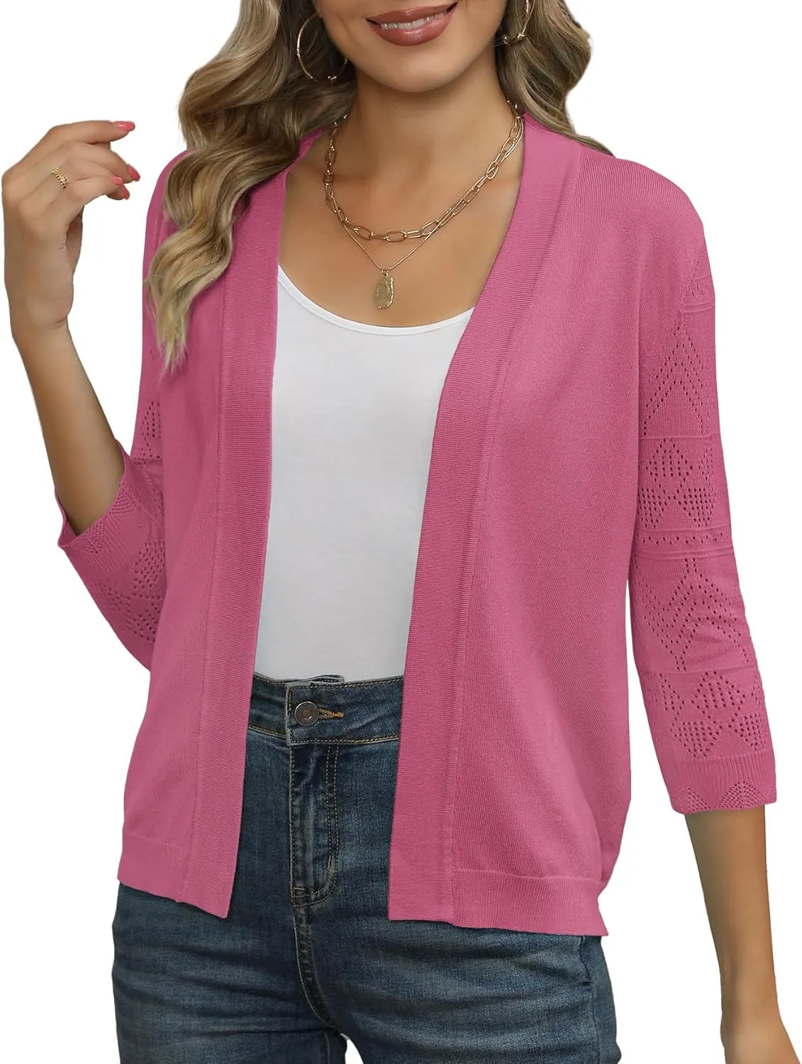 Women's Cropped Cardigans Shrugs for Dresses 3/4 Sleeve Lightweight Hollow Out Crochet Knit Sweater Tops