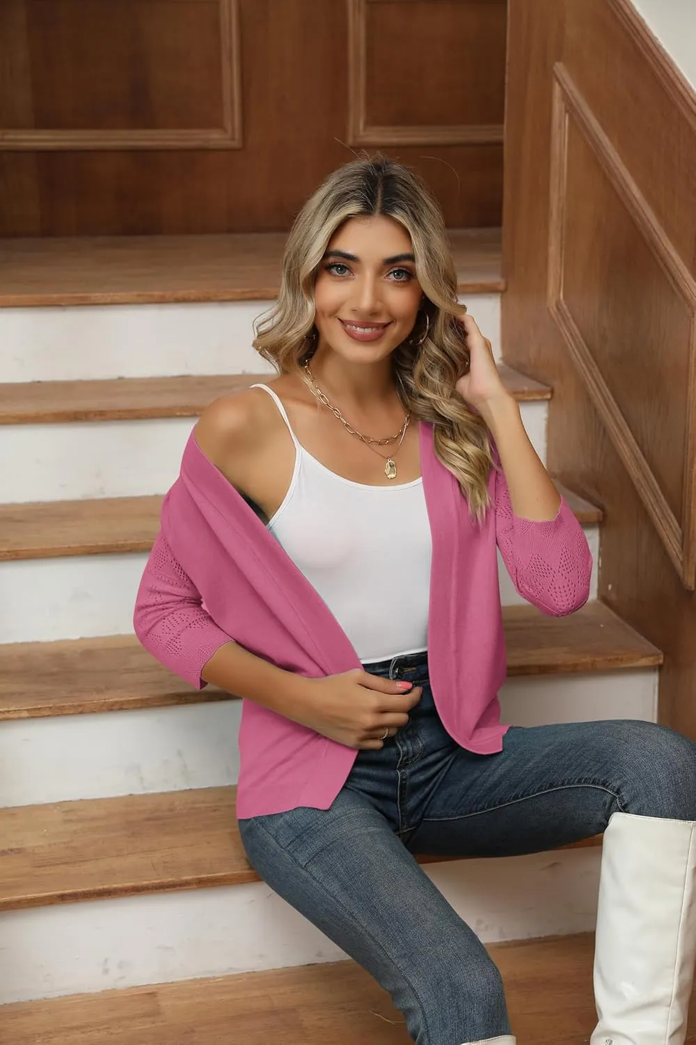 Women's Cropped Cardigans Shrugs for Dresses 3/4 Sleeve Lightweight Hollow Out Crochet Knit Sweater Tops