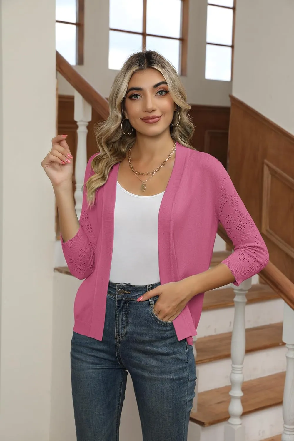 Women's Cropped Cardigans Shrugs for Dresses 3/4 Sleeve Lightweight Hollow Out Crochet Knit Sweater Tops