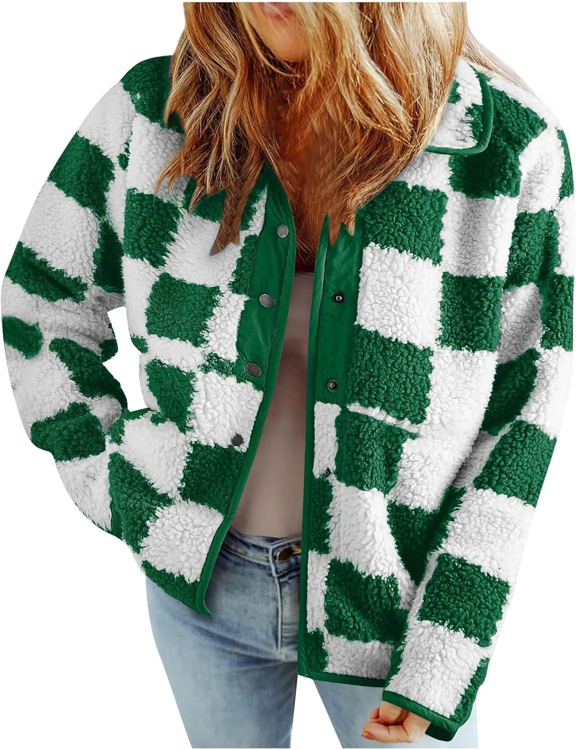 Womens Fleece Jackets Fashion 2024 Plaid Button Down Sherpa Teddy Coat Causal Fall Winter Fuzzy Coats Outwear