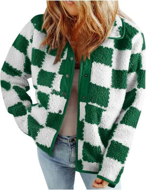 Womens Fleece Jackets Fashion 2024 Plaid Button Down Sherpa Teddy Coat Causal Fall Winter Fuzzy Coats Outwear