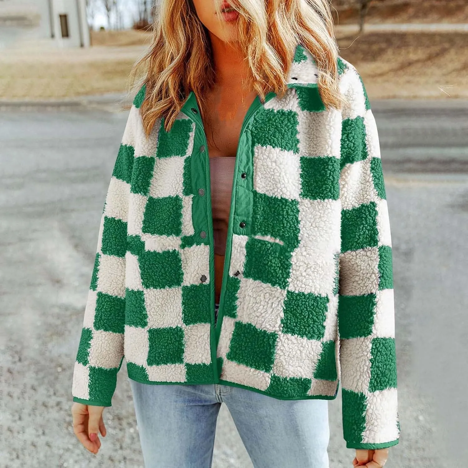 Womens Fleece Jackets Fashion 2024 Plaid Button Down Sherpa Teddy Coat Causal Fall Winter Fuzzy Coats Outwear