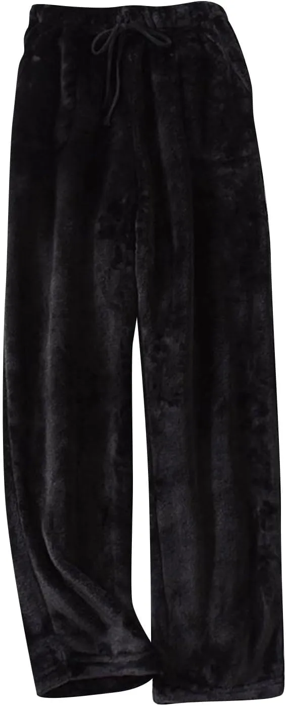 Women's Fuzzy Pajama Pants Soft Warm Fleece Wide Leg Pajama Bottoms Stretch Drawstring Comfy Sleepwear with Pockets