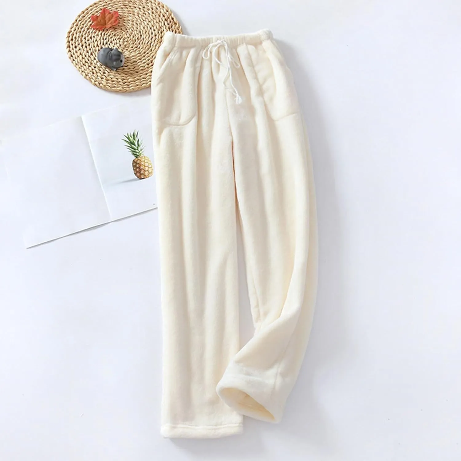 Women's Fuzzy Pajama Pants Soft Warm Fleece Wide Leg Pajama Bottoms Stretch Drawstring Comfy Sleepwear with Pockets