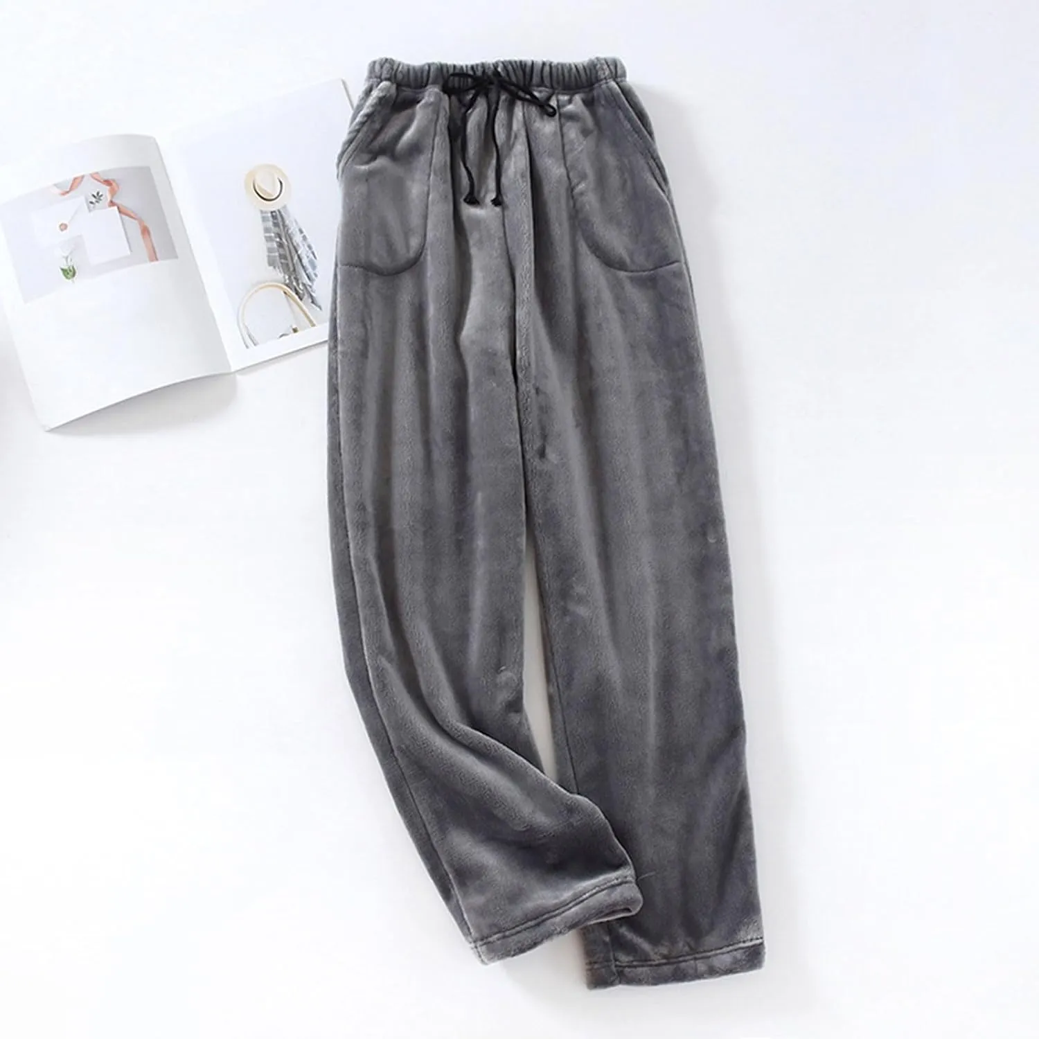Women's Fuzzy Pajama Pants Soft Warm Fleece Wide Leg Pajama Bottoms Stretch Drawstring Comfy Sleepwear with Pockets
