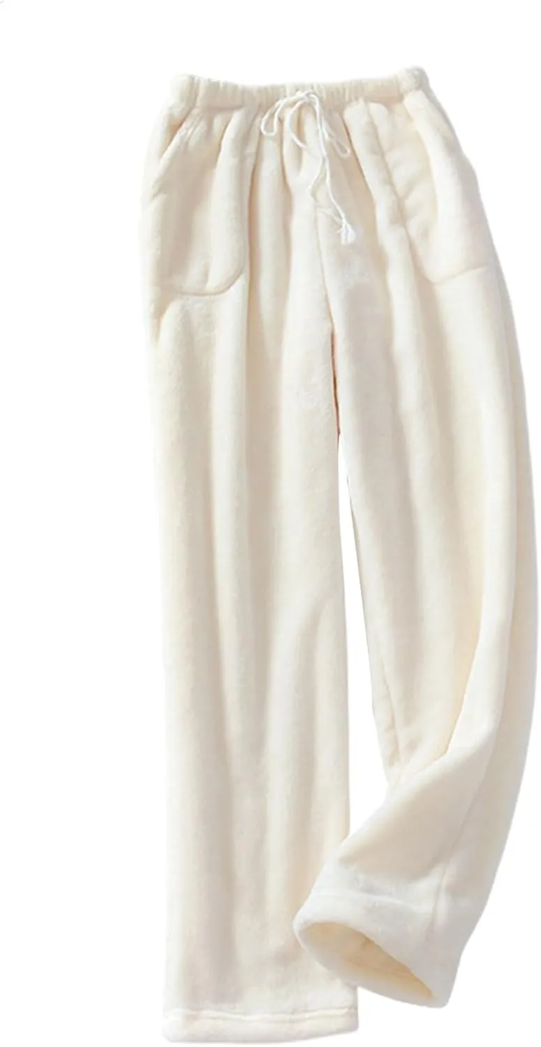 Women's Fuzzy Pajama Pants Soft Warm Fleece Wide Leg Pajama Bottoms Stretch Drawstring Comfy Sleepwear with Pockets