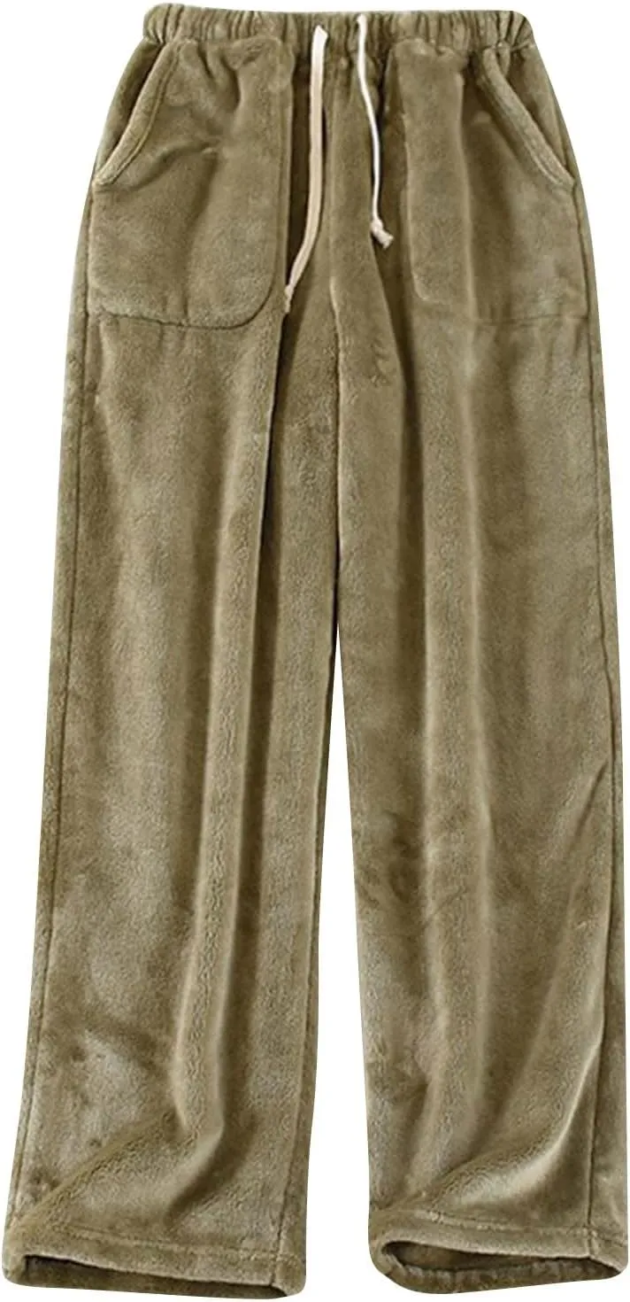 Women's Fuzzy Pajama Pants Soft Warm Fleece Wide Leg Pajama Bottoms Stretch Drawstring Comfy Sleepwear with Pockets