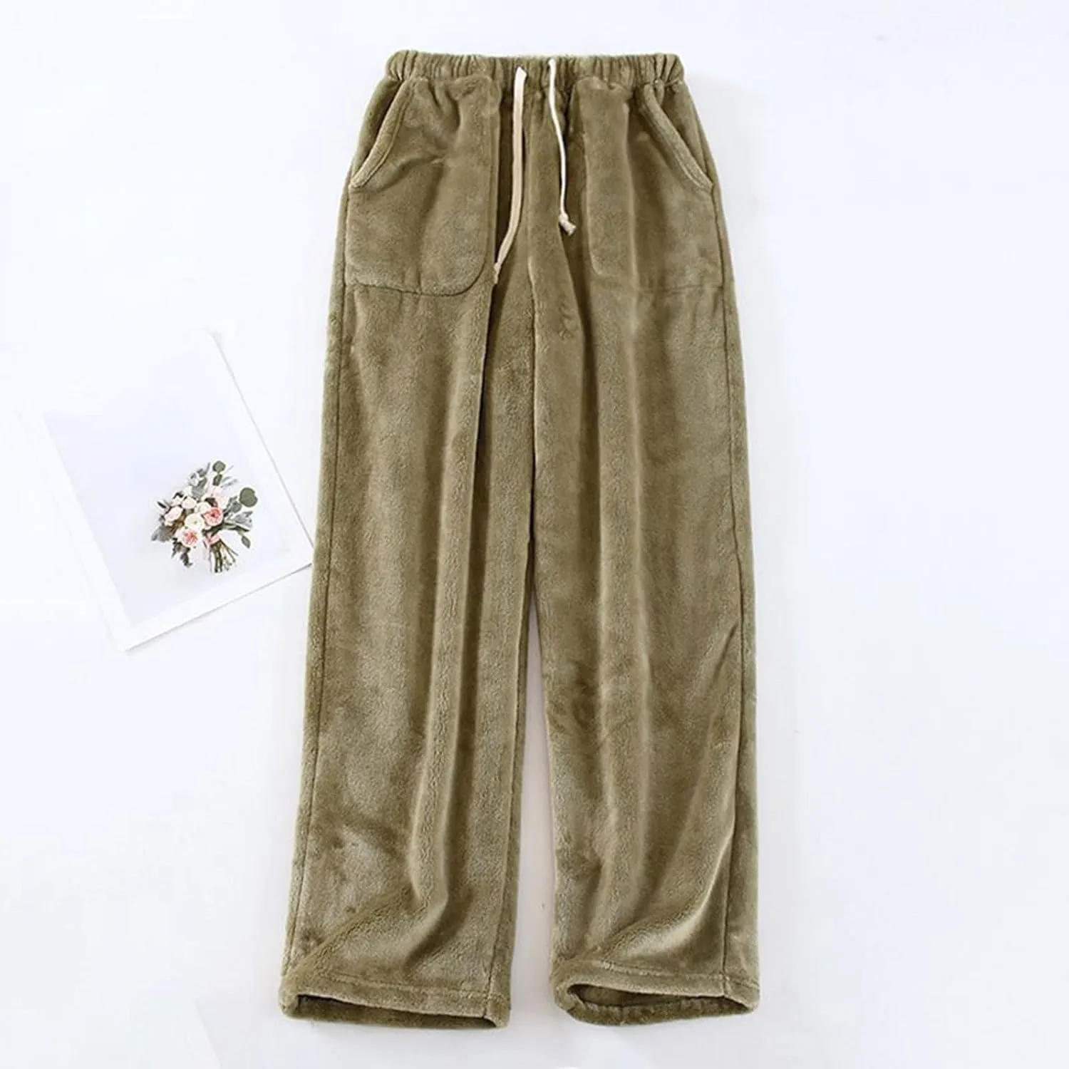 Women's Fuzzy Pajama Pants Soft Warm Fleece Wide Leg Pajama Bottoms Stretch Drawstring Comfy Sleepwear with Pockets