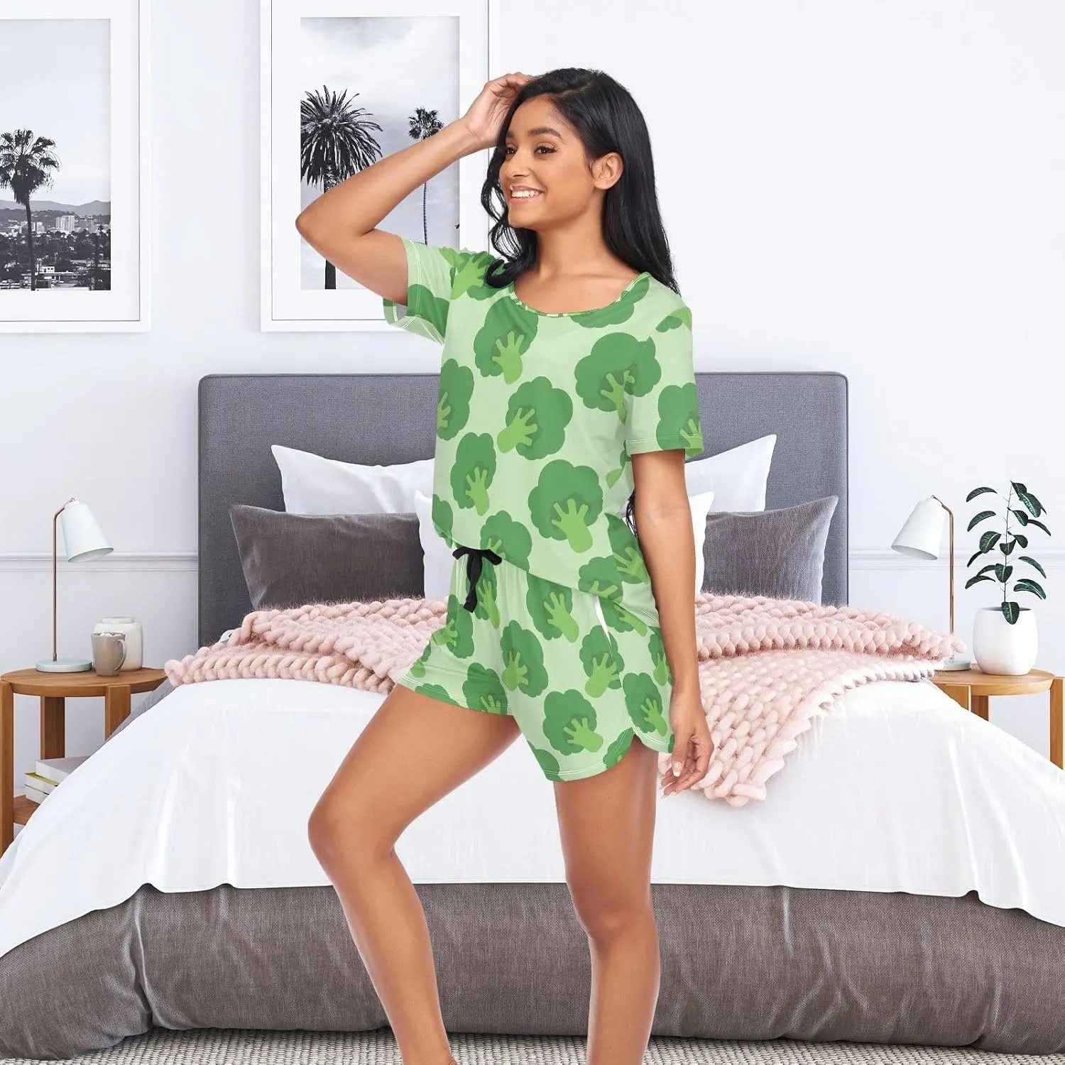 Womens Pajamas Set Broccoli Cabbage Pattern Womens Short Sleeve Shorts Set 2 Piece Sleepwear Lounge Set S-XXL