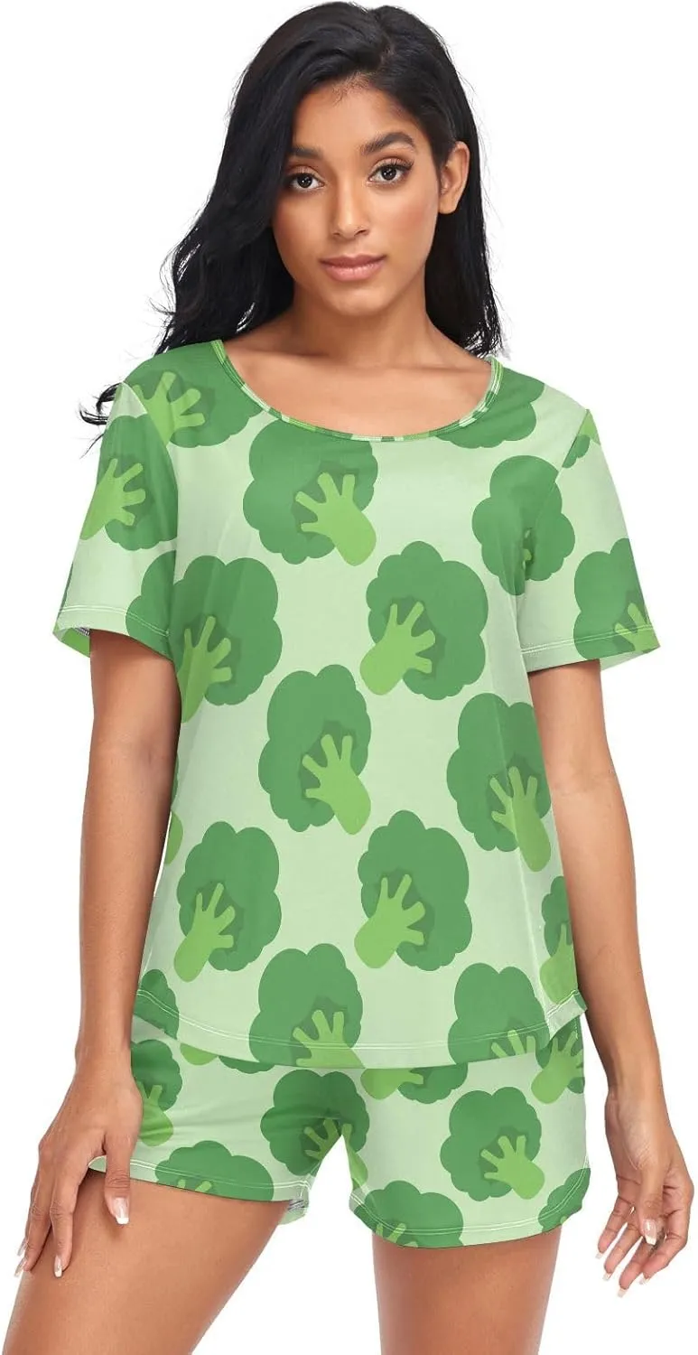 Womens Pajamas Set Broccoli Cabbage Pattern Womens Short Sleeve Shorts Set 2 Piece Sleepwear Lounge Set S-XXL