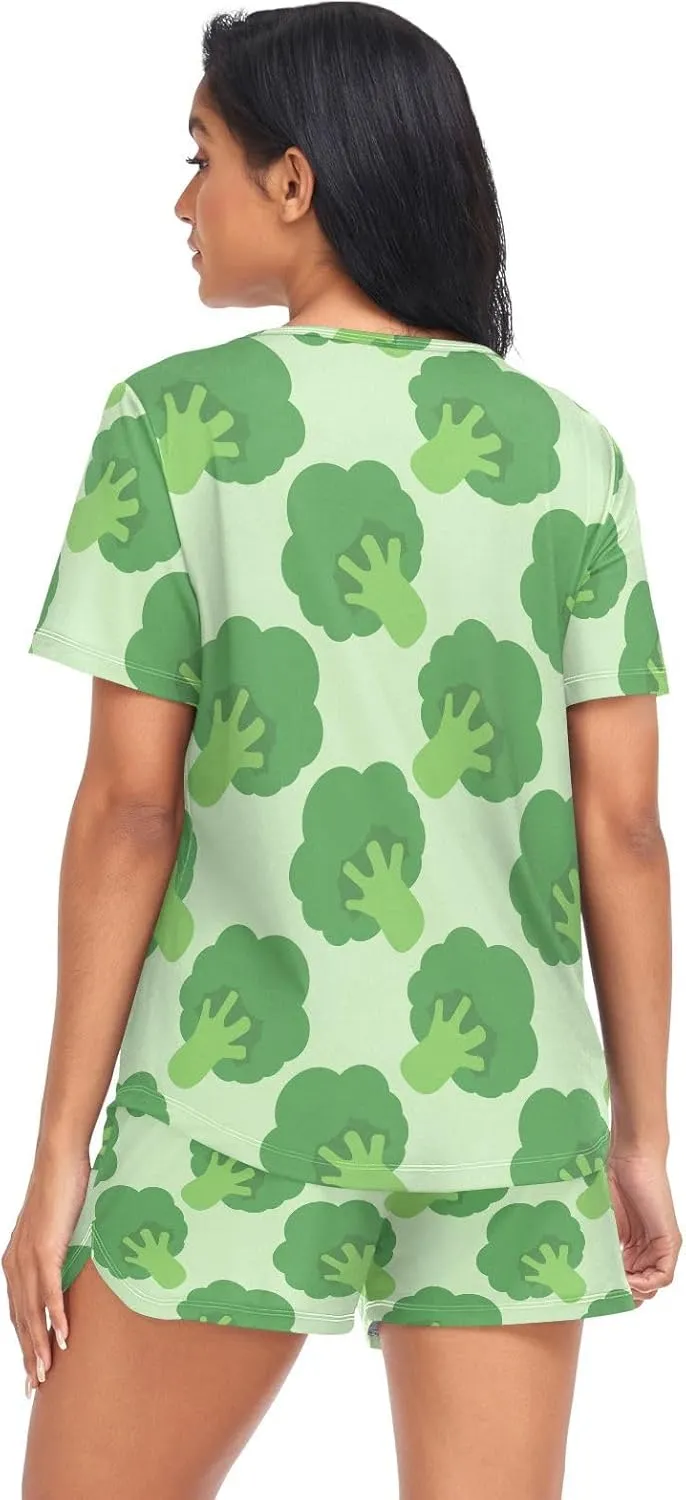 Womens Pajamas Set Broccoli Cabbage Pattern Womens Short Sleeve Shorts Set 2 Piece Sleepwear Lounge Set S-XXL