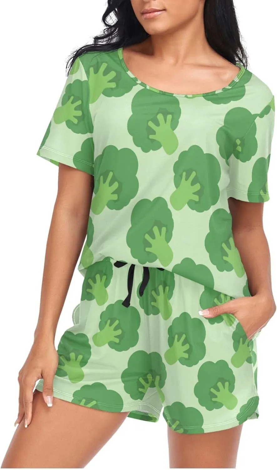 Womens Pajamas Set Broccoli Cabbage Pattern Womens Short Sleeve Shorts Set 2 Piece Sleepwear Lounge Set S-XXL