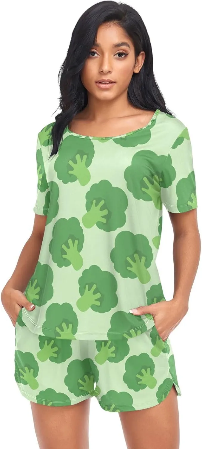 Womens Pajamas Set Broccoli Cabbage Pattern Womens Short Sleeve Shorts Set 2 Piece Sleepwear Lounge Set S-XXL