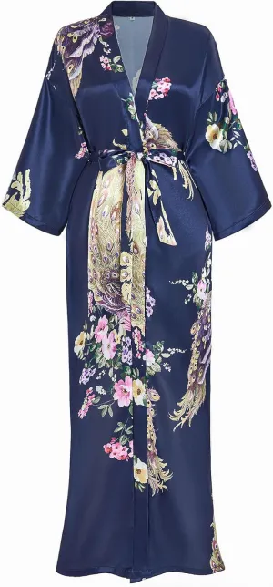 Women's Satin Kimono Robes Peacock and Floral Printed Long Bathrobe Bridesmaid Wedding Party Dressing Gown