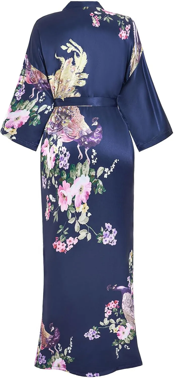 Women's Satin Kimono Robes Peacock and Floral Printed Long Bathrobe Bridesmaid Wedding Party Dressing Gown