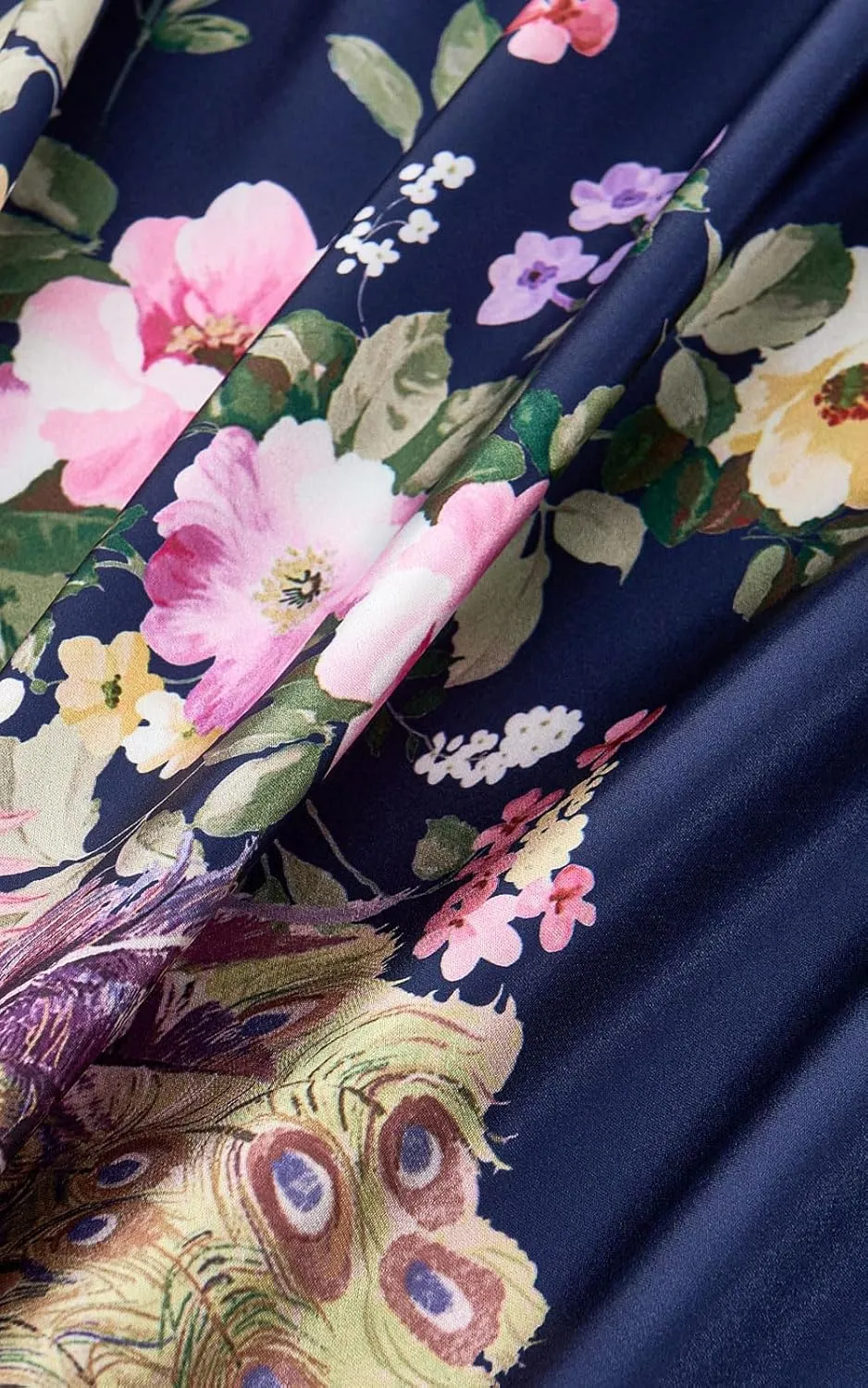 Women's Satin Kimono Robes Peacock and Floral Printed Long Bathrobe Bridesmaid Wedding Party Dressing Gown
