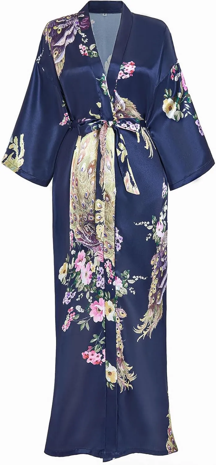 Women's Satin Kimono Robes Peacock and Floral Printed Long Bathrobe Bridesmaid Wedding Party Dressing Gown